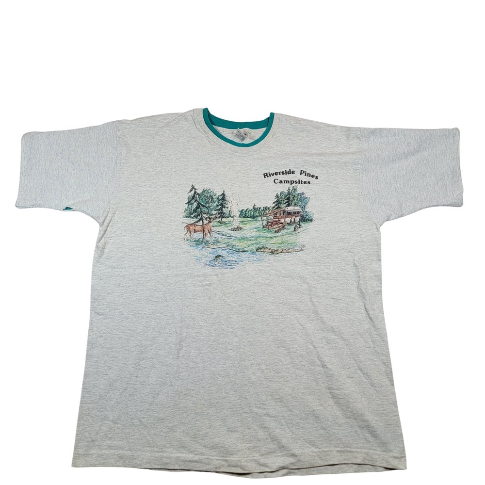VTG 90's Fruit of the Loom Ringer Nature T-Shirt Men Sz XL Gray Teal Made in USA